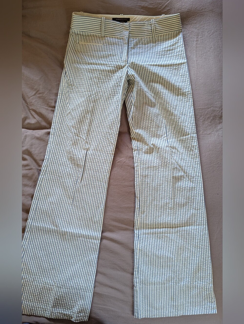 BCBGMaxAzria Cream and Light Blue Striped Seersucker Pants